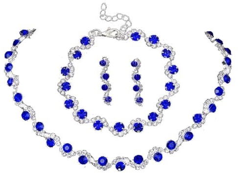Clataly Mariage de mariée cristal coloré collier boucles d'oreilles Bracelet Set argent Bridal collier Femmes bijoux (Bleu)