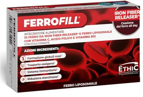 EthicSport - Ferrofill - Confezione da 30 cpr - Integratore alimentare di ferro da Iron Fiber Releaser® e Ferro Liposomiale con Vitamina C, Acido Folico e Vitamina B12