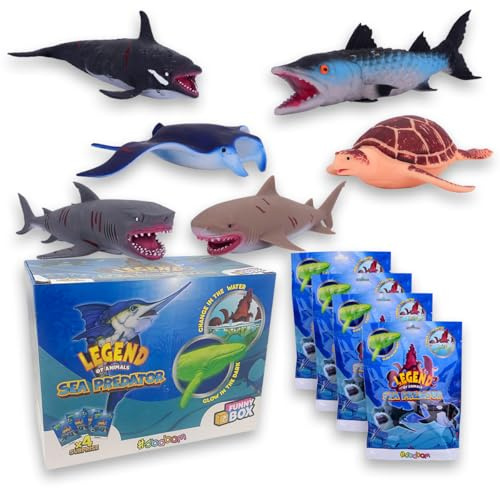 Sbabam FUNNY BOX Legend of Animals Sea Predators, Animali Giocattolo per Bambini, Giochi per Bambini, Morbidi Pupazzetti Allungabili, Gadget Compleanno Bambini, 4 Pezzi con Squalo Tigre, Orca e Altri