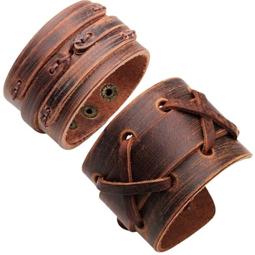 BaBakiak Punk Leather Cuff Bracelet, 2PCS Vintage Braided Leather Wristband for Men Women (Brown)