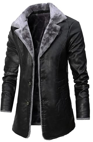 Veste d'hiver chaude en cuir synthétique pour homme - Manteau long en fausse peau de mouton - Rembourré en coton - Chaude et douce, Noir, 4XL