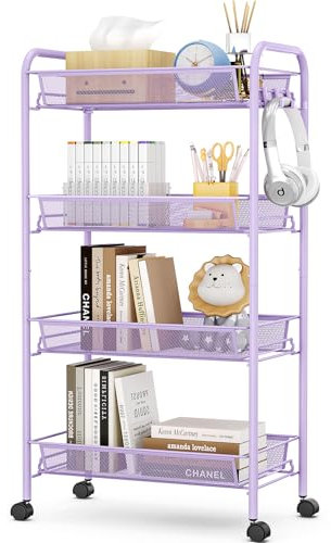 Urackify Carrello da cucina mobile, multifunzione a 4 livelli, per bagno, cucina e lavanderia, metallo, cesto in rete traspirante e ganci laterali inclusi, facile da montare, viola