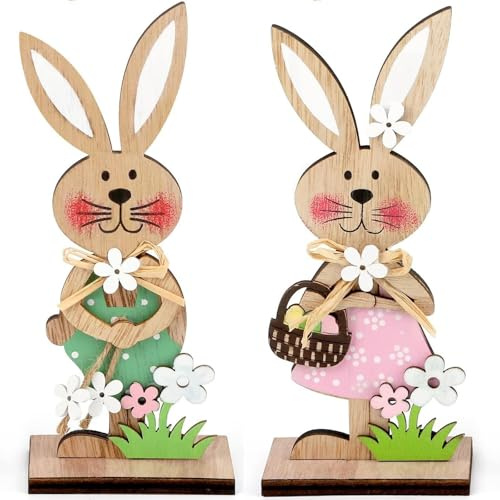 SansRealmL Coniglietti Pasquali in Legno, Set 2 Coniglio Pasquale da Appoggiare, Coniglio Pasquale Decorazioni per Giardino e Casa