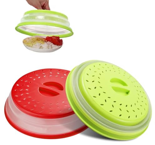 2Pack Collapsible Microwave Cover for Food Microwave Splatter Cover with Grip Handle 10.5 inch, BPA Free TPR (Red+Green)