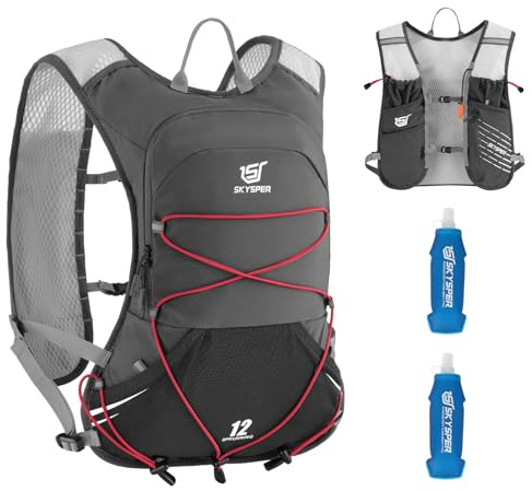 SKYSPER Laufweste für Damen Herren, 12L Laufrucksack Trinkweste Laufen mit 2 Trinkflaschen 500ml Running Vest für Joggen Marathon Trailrunning