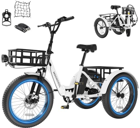 MOONCOOL Electric Tricycle for Adults, 20 Folding Electric Trike with 36V 20AH Removable Battery, 20x3.0 Fat Tire 3 Wheel Electric Bike, Range 112KM, Aluminum Adult Tricycle with Differential