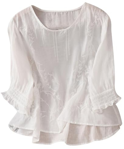 3/4 Sleeve Cotton Linen Shirts for Women UK Sale Embroidered Cotton-Linen Tshirt Crewneck Blouse Ruffled Sleeved Summer Tops Ladies Solid Color Blouses Elegant Pullover Tees Casual Boho Top White
