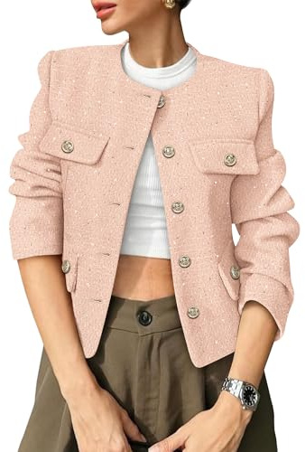 COCCKO Women's Tweed Blazers Trendy Fall Casual Collarless Button Down Sequin Tops Cropped Jackets with Pockets Light Pink