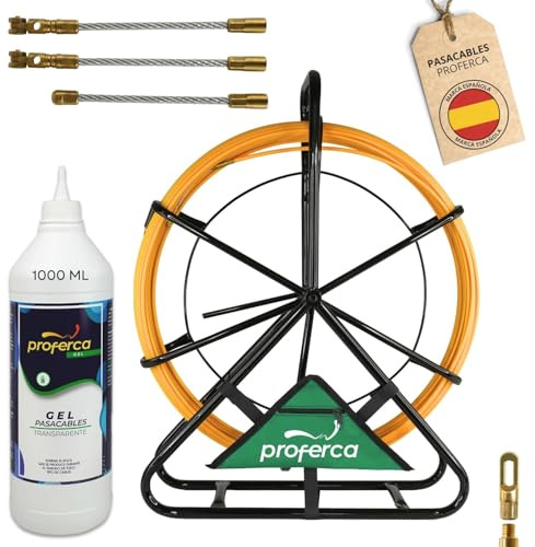 PROFERECA Guia Pasacables Profesional 6mm y 50 metros de Fibra de Vidrio Reforzada | Pack Gel | Guia con Contenedor y Accesorios intercambiables| Especial Jardines