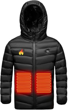 Veste Chauffant Electrique Enfants Garçons Filles Manteau Doudoune Chauffant avec 3 Zones de Chauffage avec Manches Longues et Capuche pour Le Travail en extérieur Tenue Quotidienne Ski Équitation