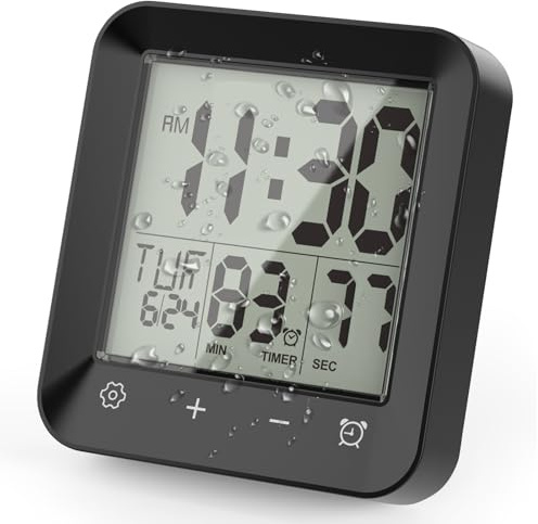 ALLOMN Orologio digitale da bagno, impermeabile, timer con conto alla rovescia, indicatore di temperatura, orologio da bagno, orologio da doccia con ventosa e occhiello di sospensione, supporto per