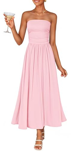 ZESICA Women's Summer Sleeveless Midi Dress 2026 Strapless Ruched A Line Flowy Wedding Guest Party Beach Long Dresses Pink Large