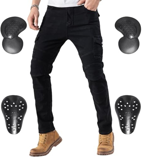 CTBQiTom Motorcykel Motorcykelbyxor bepansrade bikerjeans skyddande motorcykelbyxor med avtagbar CE-rustning, Svart, 28W X 30L