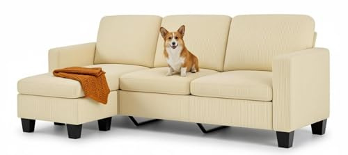 Xbro Ecksofa L-Form Sofa 3-Sitzer mit Chaiselongue, kleines Ecksofa aus Leinen-Baumwoll-Mischgewebe, Cord Cloud Sofa, 188 x 136,5 x 89 cm, Beige