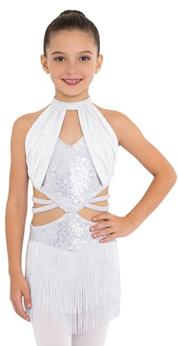 dPois Ragazze Paillettes Nappe Abiti da Ballo Latino Americano Tango Vestito da Pattinaggio Artistico Body Danza Classica Moderna Jazz Costume da Danza Samba Rumba Salsa Bianco 5-6 Anni