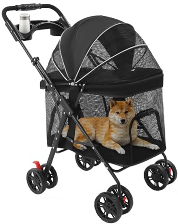 Carrito plegable para mascotas, 70 cm, carrito de transporte para perros, carrito elevado, con toldo y capacidad de carga de 12 kg, transpirable, para perros pequeños y medianos y gatos (negro)