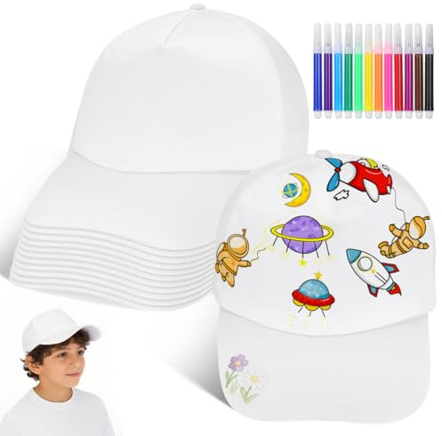 SHINEOFI 24pcs Kids White Baseball Caps Bulk - Plain Blank Caps with Coloring Pens - Painting Hats for Kids Birthday Parties Art Crafts Outdoor Activities