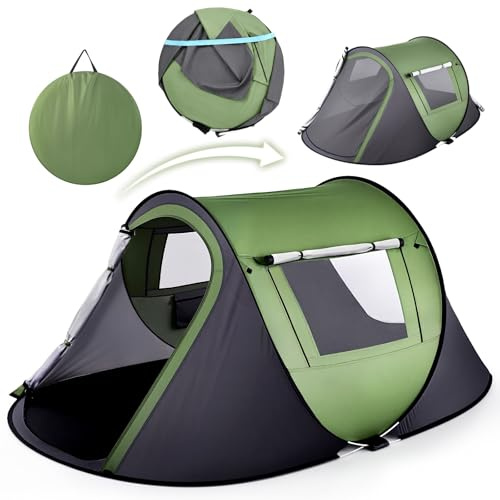 Warmiehomy Pop Up Tent 4 Person, Instant Family Camping Tent | Automatic 3-Second Setup, 3-4 Person, Waterproof, Lightweight, 2 Doors & Windows, Carry Bag, for Camping, Hiking, Picnic