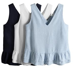 THE SET Donne Confezione da 3 bluse con scollo a V arricciato misto lino Navy Blue/Cream/Blue Stripe small