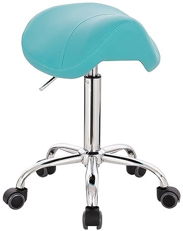 1stuff® Sattelhocker Pony - kompaktes Fußkreuz - gepolsterter Sitz - Höhe bis über 70cm - Rollhocker Sattelstuhl Arzthocker Praxishocker Drehhocker (Lederimitat türkis)