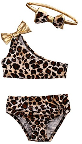 3 Piezas Bañador Bebé Niña Bikini de Estampado Leopardo para Niña Pequeña 3 Pcs Traje de Baño para Playa Piscina Top Chaleco de Un Hombro con Bowknot + Braguita + Diadema (Marrón, 6-8 Años)