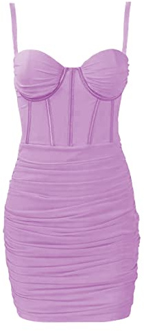 FEOYA Vestido corto de tul para mujer, con tirantes delgados, fruncido, parte superior de tubo, vestido corto de tul, sexy, de espina de pescado, para club, fiesta, cóctel, tallas S-XL, A morado., L