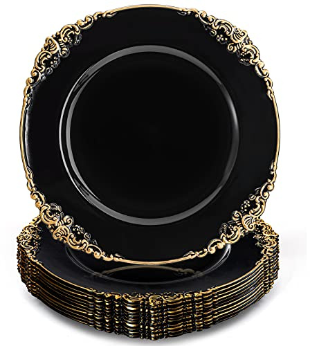 Okllen 12 Pack Black Charger Plates with Floral Trim, 13 Plastic Vintage Black Chargers for Dinner Plates for Catering, Wedding, Tabletop Setting