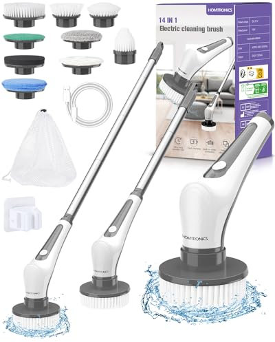 Cepillo Eléctrico Limpieza, [IPX8 Impermeable] 14 EN 1 Homtronics Fregadora Giratoria Eléctrica con 9 Cepillo Reemplazables, 400PPM, Cepillo Limpieza Hogar para Baño, Cocina, Coche, Tina, Piso