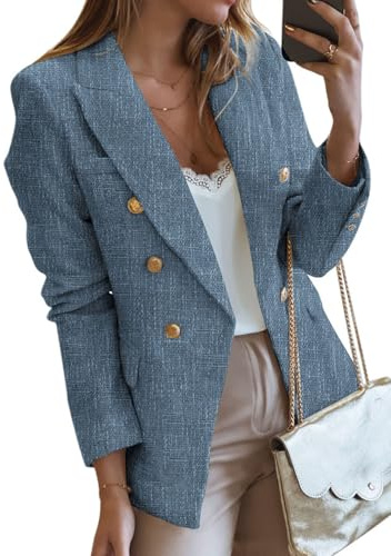 Happy Sailed Blazers for Women Business Casual Fall Fashion Lapel Collar Double Breasted Open Front Tweed Blazer Jackets Business Professional Attire Work Suits 2025 Dark Blue Large