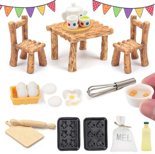 NETUME Accesorios de Casa de Muñecas, 23 Piezas Miniaturas para Casa de Muñecas, Decorativas en Miniatura Comida Mesa y Sillas Tipo Huevo, Mini Muebles Cocina Accesorio para Casa de Muñecas