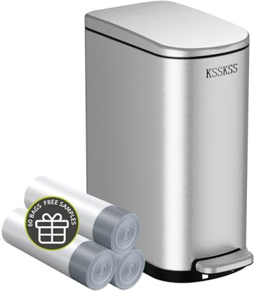 KSSKSS 2.6 Gallon Slim Bathroom Trash Can with Soft-Close Foot Pedal, 10L Stainless Steel Garbage Can with Removable Liner Bucket, for Narrow Spaces,Bathroom, Bedroom (Silver)