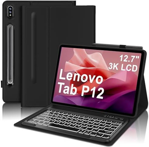 Tastatur für Lenovo Tab P12, Hülle mit Tastatur für Lenovo P12 12.7 2023, Magnetische Kabelloser Bluetooth Abnehmbare QWERTZ 7-Farbige Beleuchtung Tastatur für Lenovo P12 Pro Tablet 12,7, Schwarz