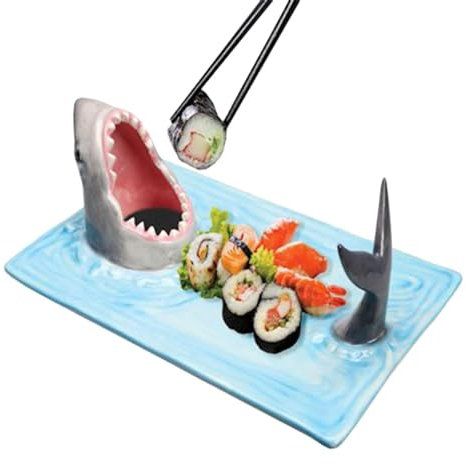 Plato de tiburón, plato de sushi de tiburón de cerámica, plato de inmersión de tiburón, bandejas artísticas para servir alimentos con soporte para salsa de soja, decoración de cocina, tabla de queso