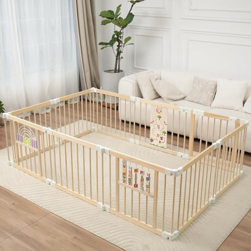 Ulnxiy Foldable Wooden Baby Playpen Activity Center,Adjustable Size & Shape Portable Play Yard, Baby Fence Play Area with Gate for Indoor Use for Babies and Toddlers(84x56x24inches)