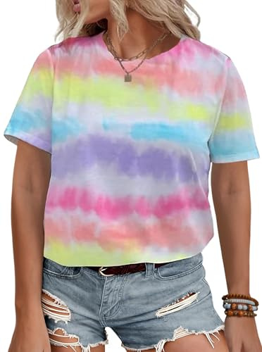 Remidoo Women's Tie Dye Short Sleeve Tee Crewneck Summer T Shirt Multicolor Multicolor XX-Large