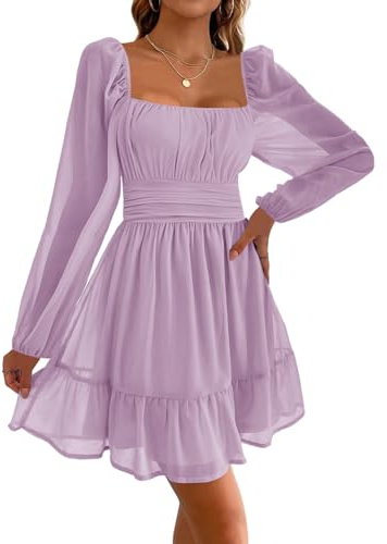 Imily Bela Damen Kleider Square Neck Partykleid Mesh Minikleid High Waist Falten Langarmkleid Hochzeitsgast mit Rüschen(Lila, S)