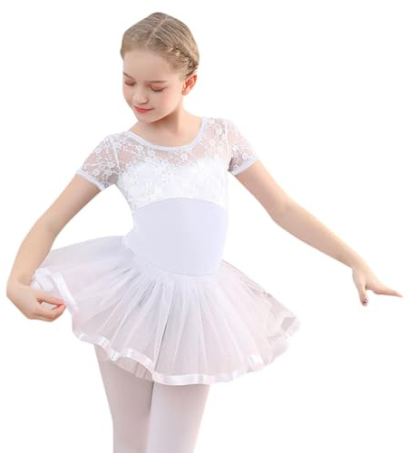 Mono para bebé niña de ballet de encaje de manga corta con tutú desmontable falda bailarina ropa de baile para niños