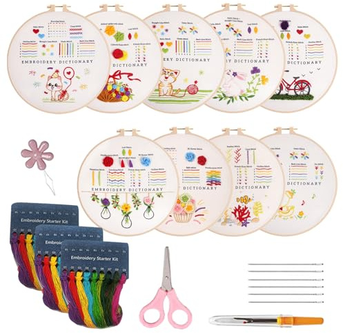 Joyeee Kit Ricamo Principianti, 9pcs Floreali Set Ricamo Embroidery Starter Kit con Telaio Ricamo Fili Cucito Attrezzi e Istruzioni, Artigianato Artistico Fai per Principianti, Adulti e Bambini