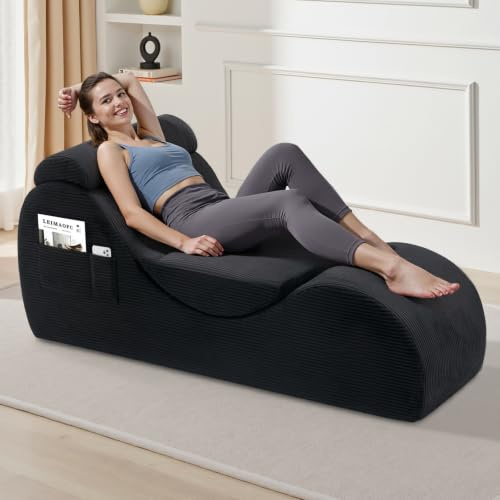 Yoga Chair Lounge for Adult, Ergonomic Chaise Lounge Chair with Side Pocket, Headrest, Waist Pad, Perfect for Stretching, Massage, and Relaxation, Used in Living Room, BedroomïŒBlackïŒ