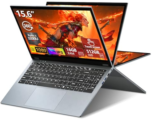 15,6 Pulgadas 2 en 1 Juegos Ordenador Portátil con Pantalla Táctil Procesador, Ryzen R3-3200U PC Portátil 16GB RAM 512GB SSD 360° Pantalla Táctil Laptop FHD IPS RJ45 WIN 11 Teclado Retroiluminado HDMI