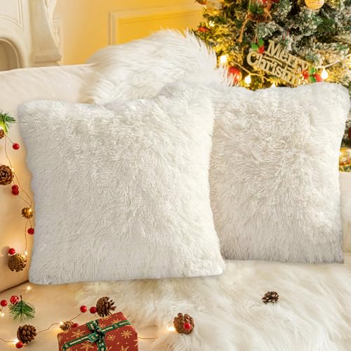 Lot de 2 Housse de Coussin Fourrure Moelleux, Double Face Doux en Peluche Coussins Carré Décoratif, Housse de Coussin Décorative Douce pour Salon Canapé Chambre Voiture, 40x40 CM, Beige