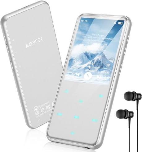 AGPTEK 64GB MP3 Reproductor Bluetooth 5.3, 2.4 Pantalla Metal Reproductor MP3, HiFi Música Deportivo MP3 Player con Altavoz, Botones Táctiles, Radio FM, E-Book, Grabación, Soporta hasta 128GB, Plata