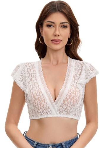 Trachtland Blouse Dirndl Femme Manches Volantées Blouse Traditionnelle Oktoberfest Élégante avec Décolleté en V et Dentelle Blanc Taille 34-44