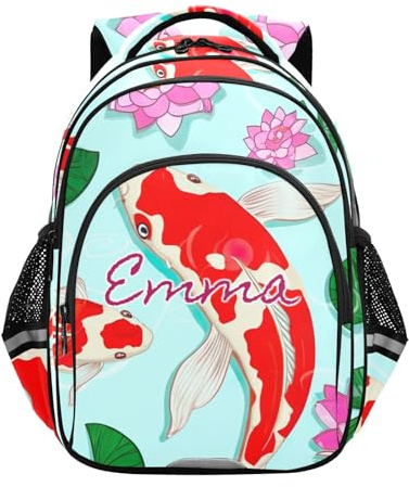 RPLIFE Personlig skolryggsäck för barn för pojkar flickor, anpassad Koi fisk lilja blommor grön grundryggsäck, Koi fisk lilja blommor grön, 15 Inch, Traditionella ryggsäckar