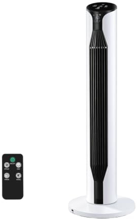 Ventilador de Pie Silencioso, Ventilador de Torre 55 W, 36'' (92cm) de Altura, Temporizador 12H Oscilación 3 Velocidades, 3 Modos, Oscilación 70°, Pantalla LED y Mando a Distancia Incluido, Blanco
