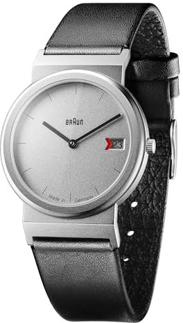 Braun Unisex 2-Hand with Date Analogue Swiss-Part Quartz Watch, Made in Germany, Silver Dial and Black Leather Strap, 34mm Stainless Steel Case, Model AW50.