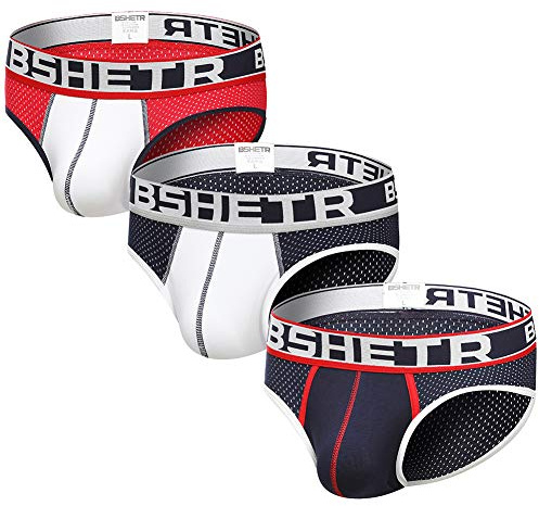 BSHETR Ropa Interior para Hombre Slip, Paquete de 3 Calzoncillos de Malla de Talle Bajo (R389, L)