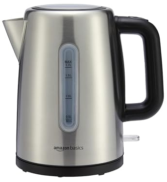 Amazon Basics Electric Stainless Steel Kettle for Tea and Coffee, BPA-Free, Fast Boiling, Auto Shut-Off, Boil-Dry Protection, 1.7 Liter, 1500W, Black and Silver