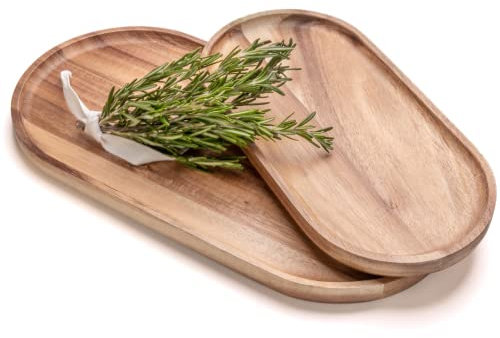 SPEShh Juego de 2 bandejas de madera de acacia, platos rectangulares de madera ovalados para charcutería, queso, pan, frutas, verduras, salsa, sushi, plato rústico para servir, platos poco profundos,