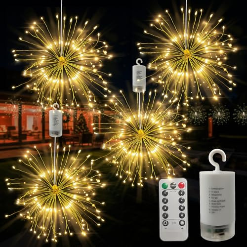 FOOING Luces de Fuegos Artificiales LED 120 LEDs, Guirnalda Colgante a Pilas con 8 Modos, Luces Decorativas para Navidad, Fiesta, Bodas, Ventanas, Jardín y Exterior